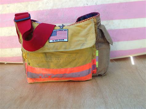 firehose purse|fire turnouts made into bags.